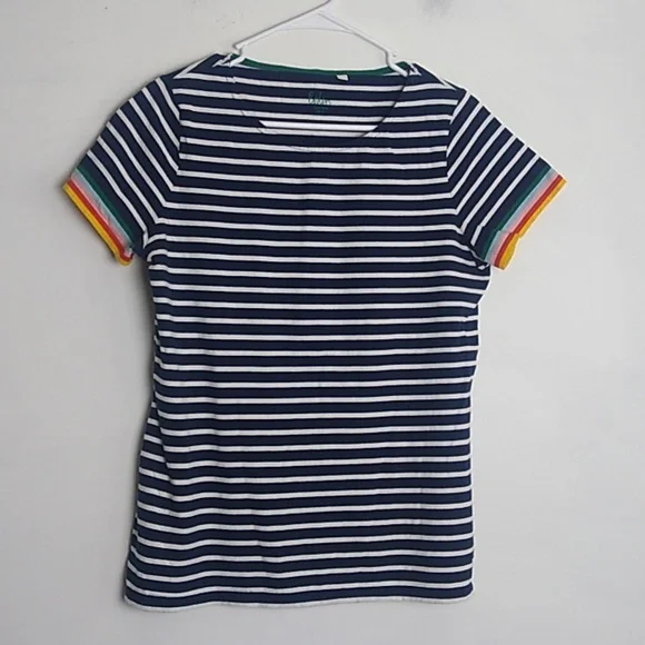 Boden Navy Blue White Striped T Shirt Rainbow Cuffed Short Sleeves Size 10 - Picture 2 of 10